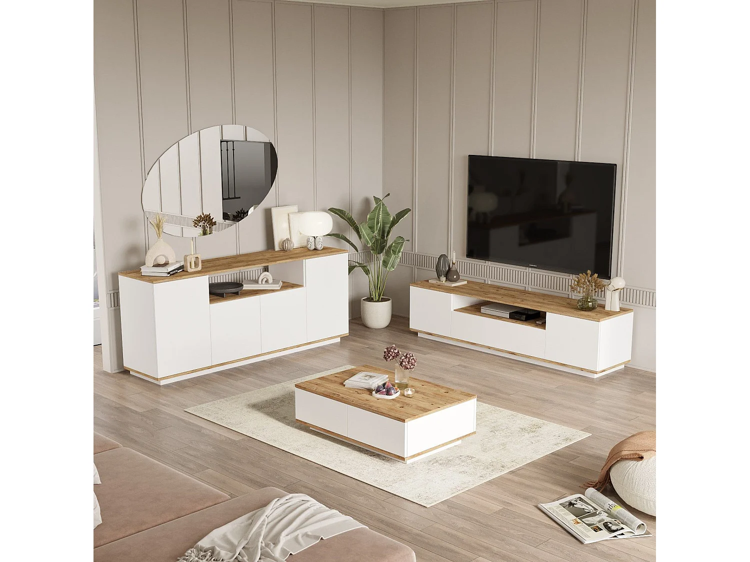 Conjunto de salón Kailua 2195, Pino|Blanco, Aglomerado laminado