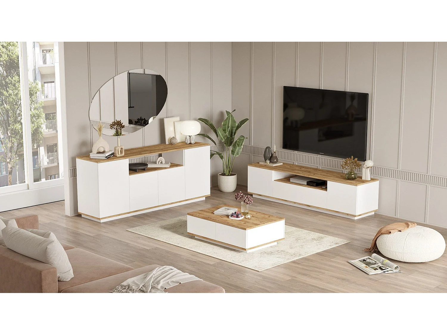 Set mobili soggiorno Kailua 2195, Bianco|Pino, Truciolare laminato