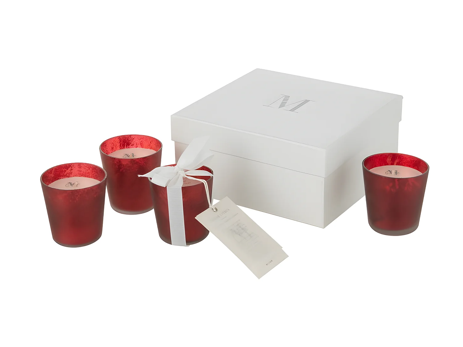 Caja de 4 velas aromáticas de Navidad en vidrio rojo 6.5x6.5x7.3 cm
