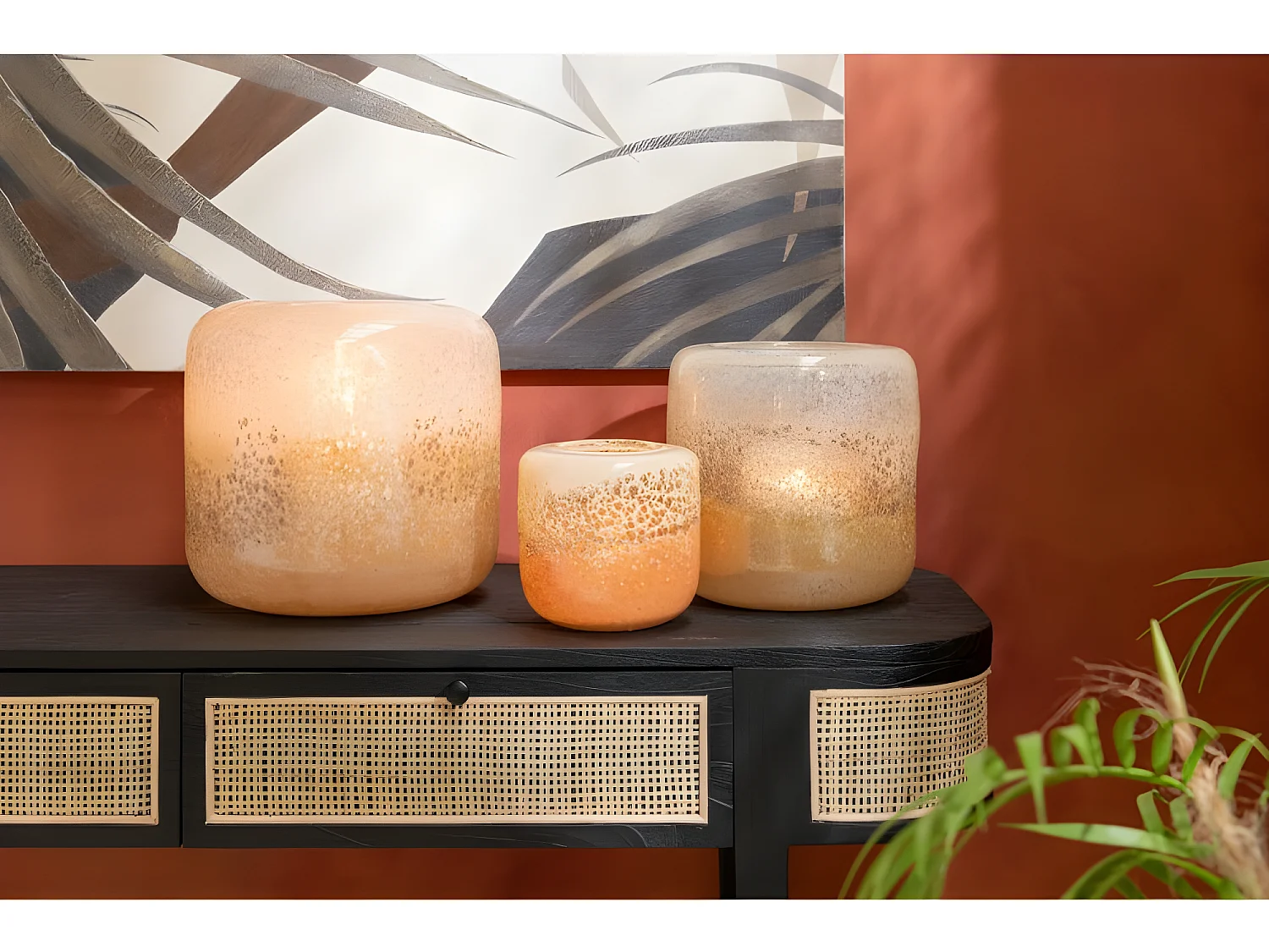 Portavelas de vidrio marrón y beige de 25x25x24cm