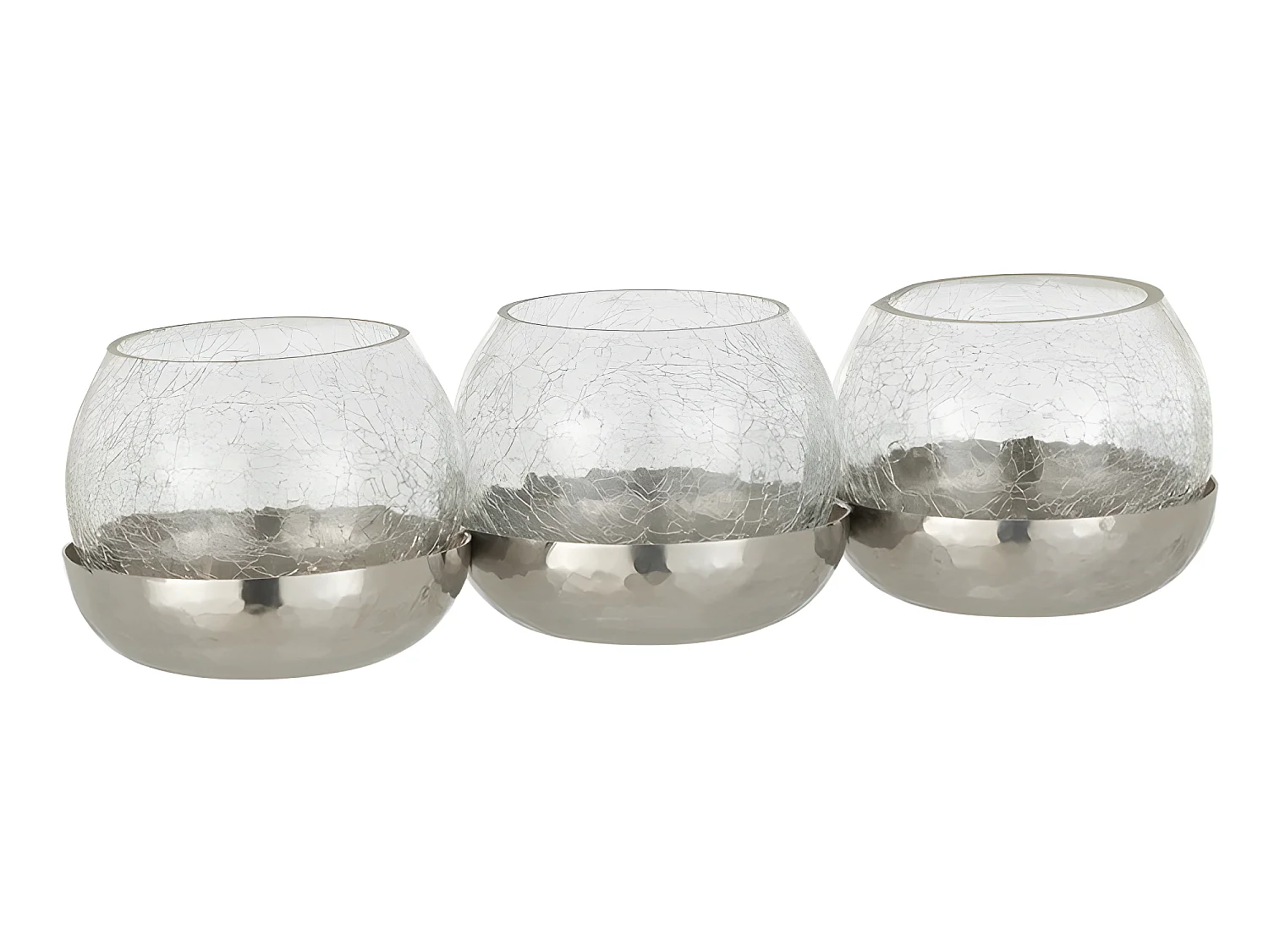 Portavelas 3 bolas craquelado cristal/acero inoxidable plata 27x9 cm