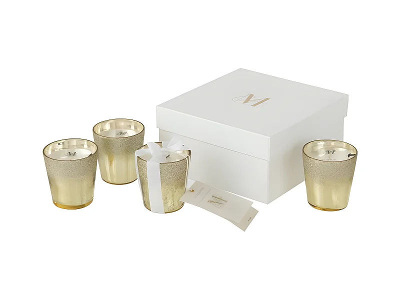 Caja de 4 velas perfumadas en vidrio champagne de 7x7x8 cm