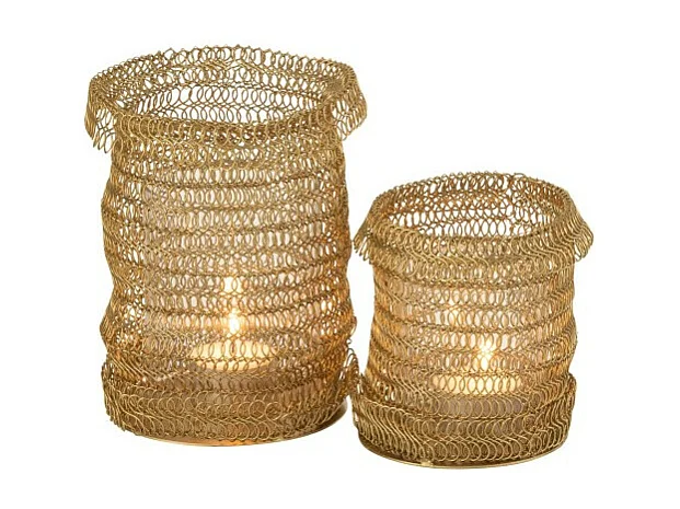 Photophore dans filet maille en métal doré 10x10x16 cm