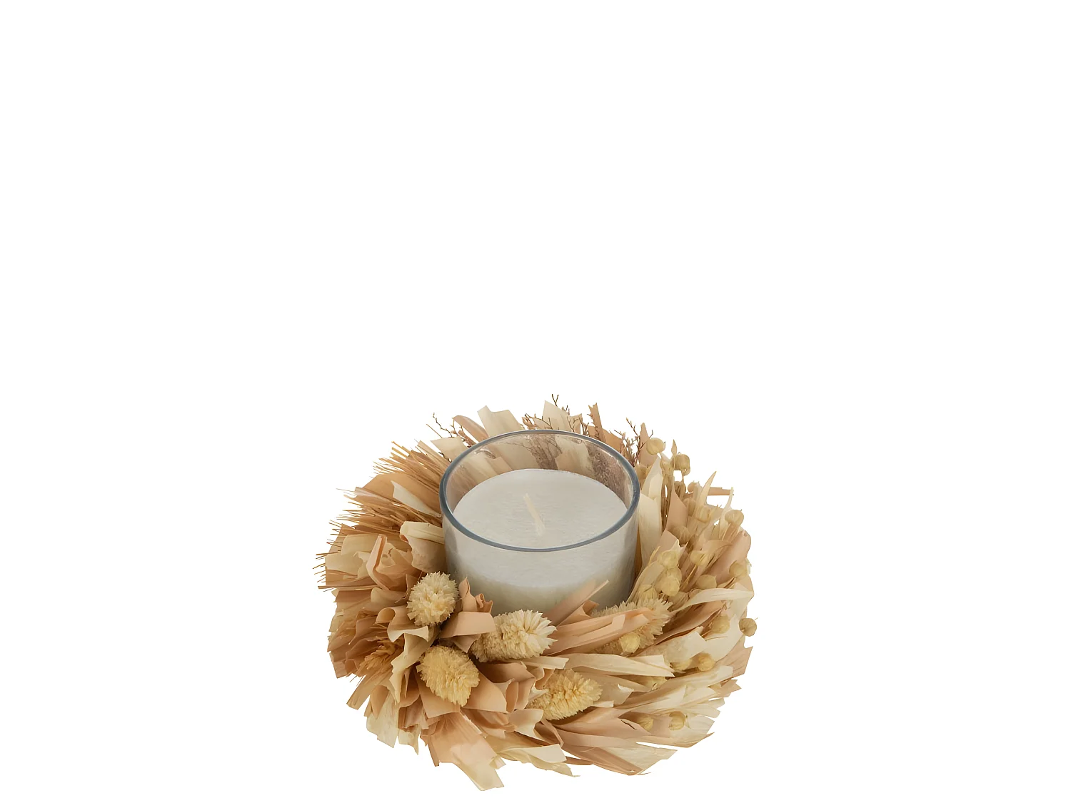 Vela en portavelas con decoración floral en vidrio natural 15x15x8 cm