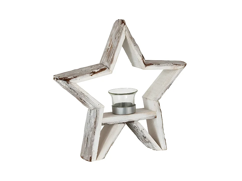 Portavelas estrella madera marrón/blanco Alt. 29 cm