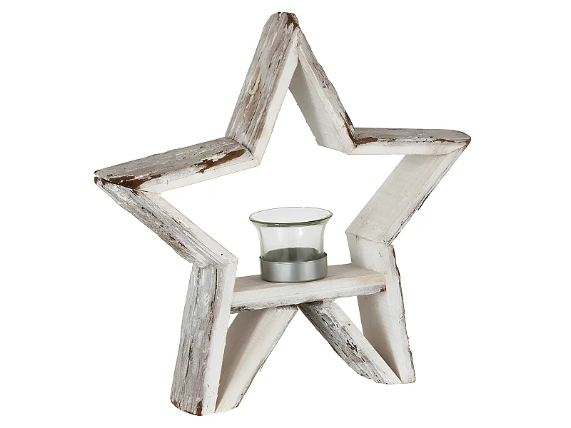 Portavelas estrella madera marrón/blanco Alt. 29 cm