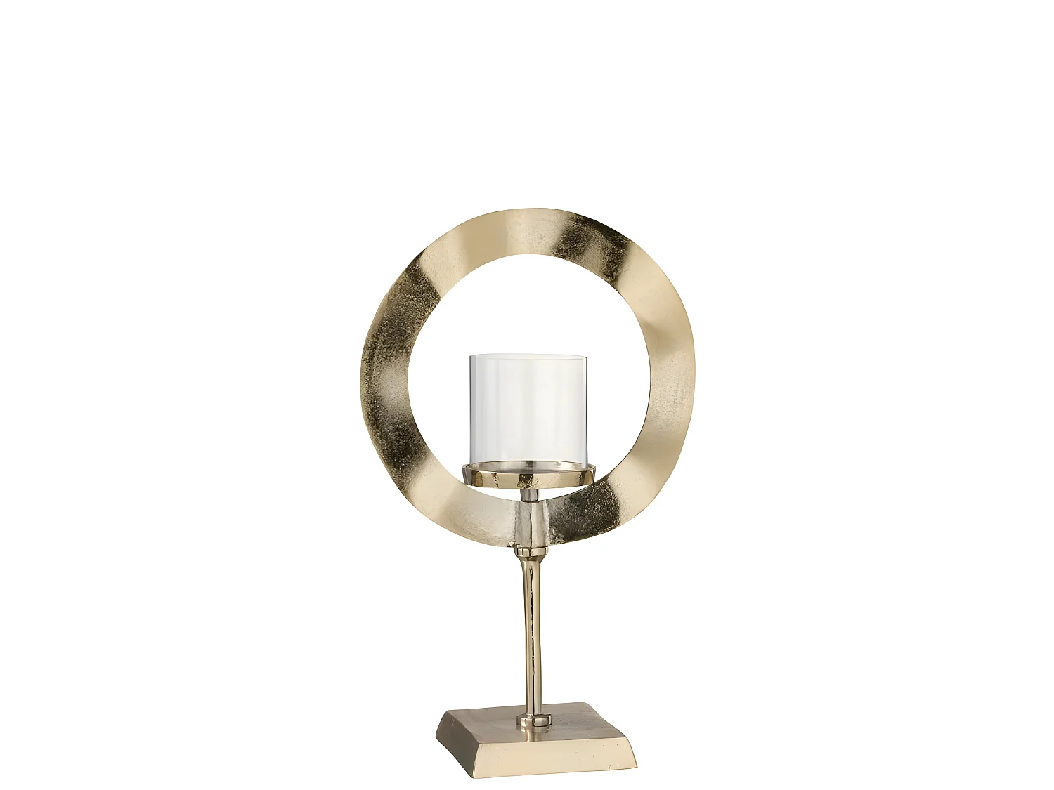 Portavelas redondo de cristal sobre base de aluminio dorado