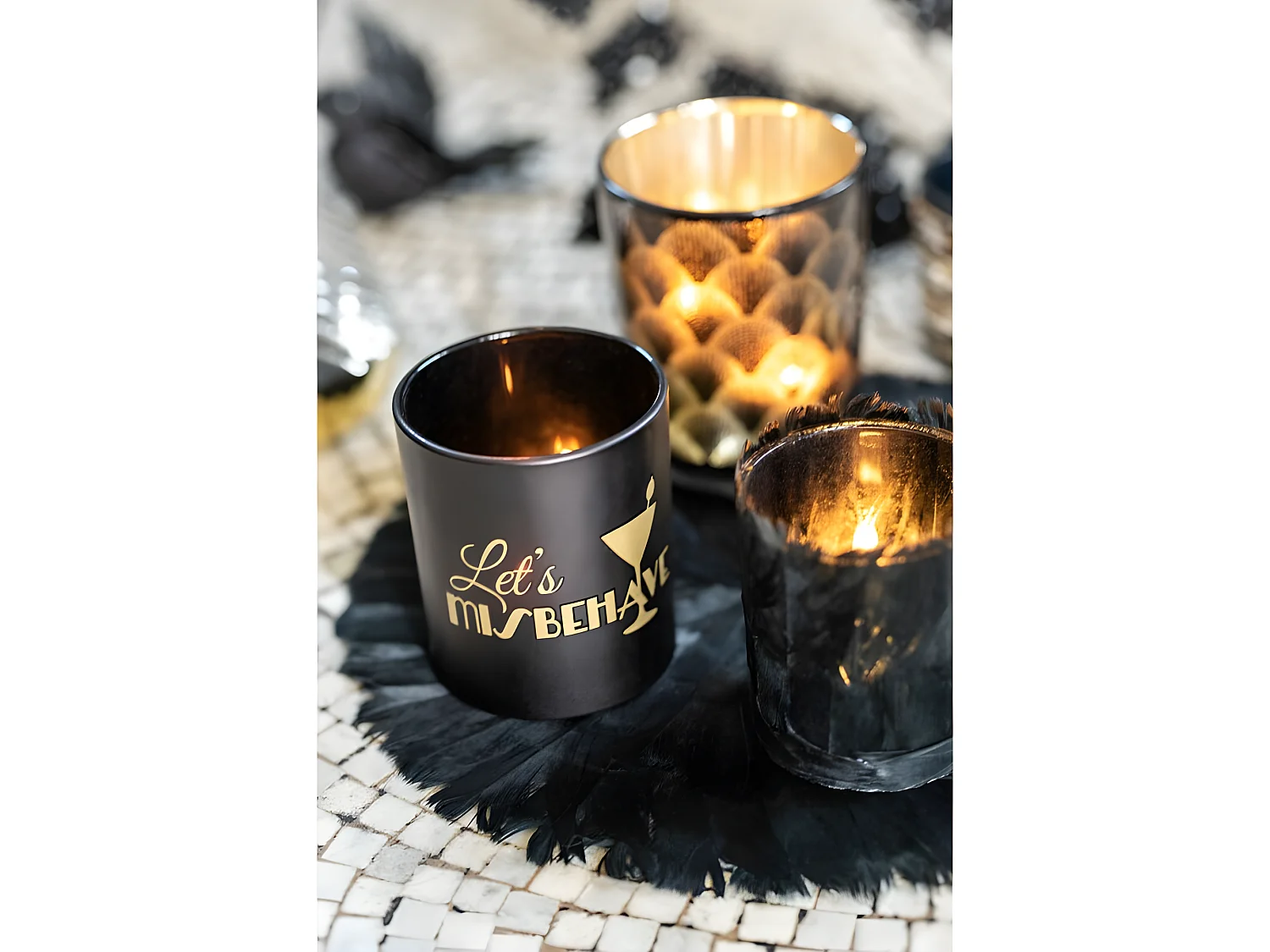 Set de 2 photophores en verre noir - or 7x7x8 cm