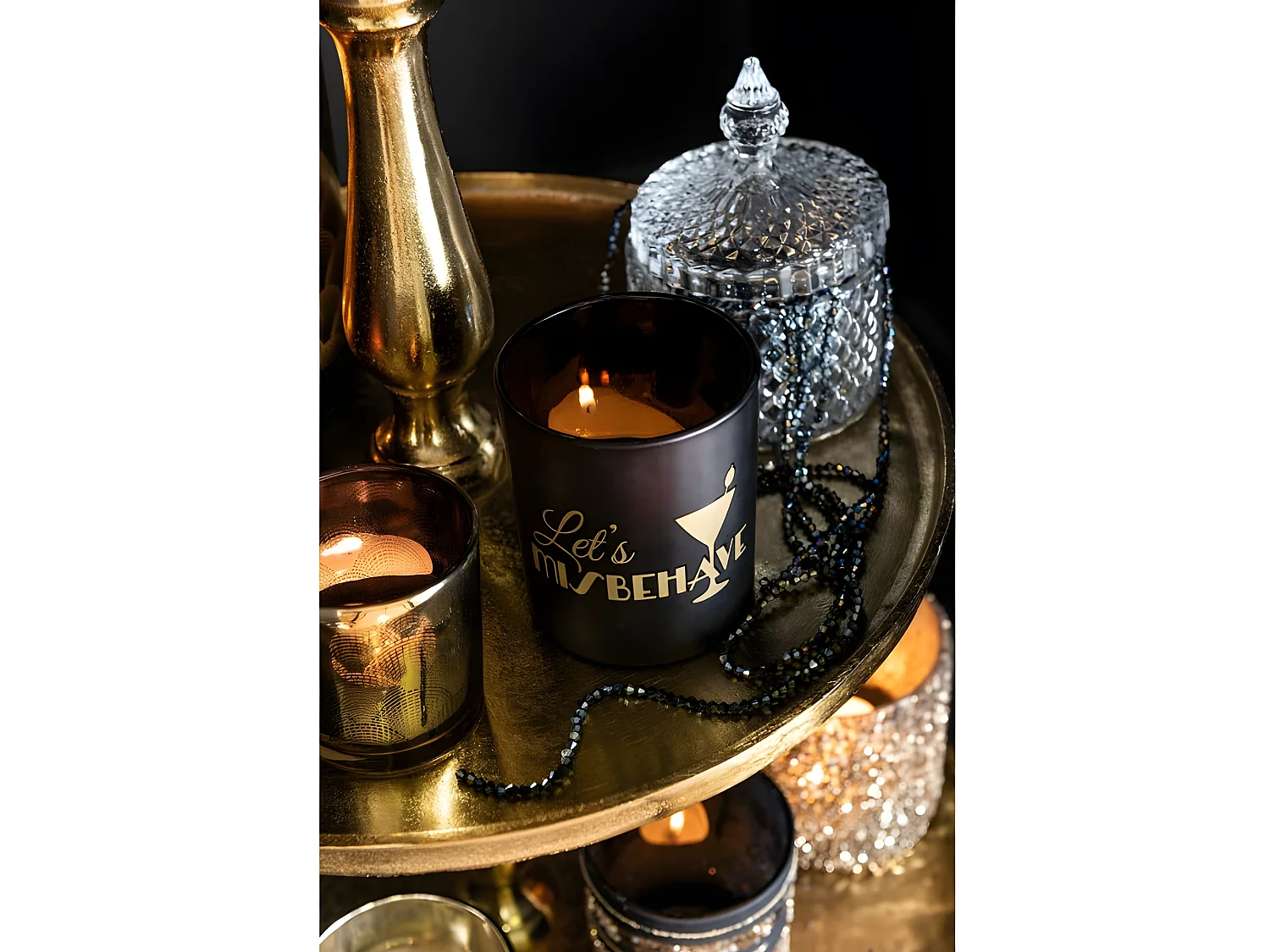 Set de 2 photophores en verre noir - or 7x7x8 cm