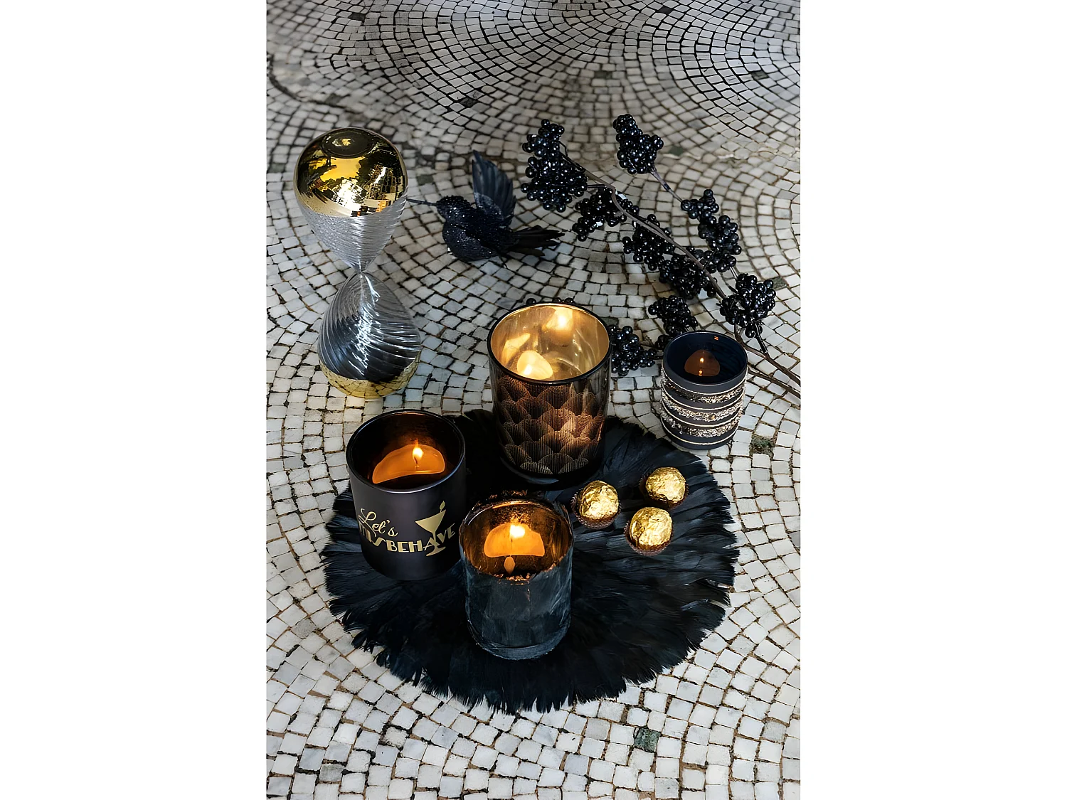 Set de 2 photophores en verre noir - or 7x7x8 cm