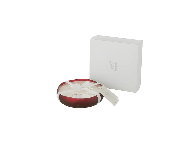 Vela perfumada plana en tarro de vidrio rojo de 19x19x4.5 cm