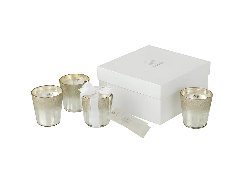 Caja de 4 velas perfumadas de vidrio plateado 7x7x7 cm