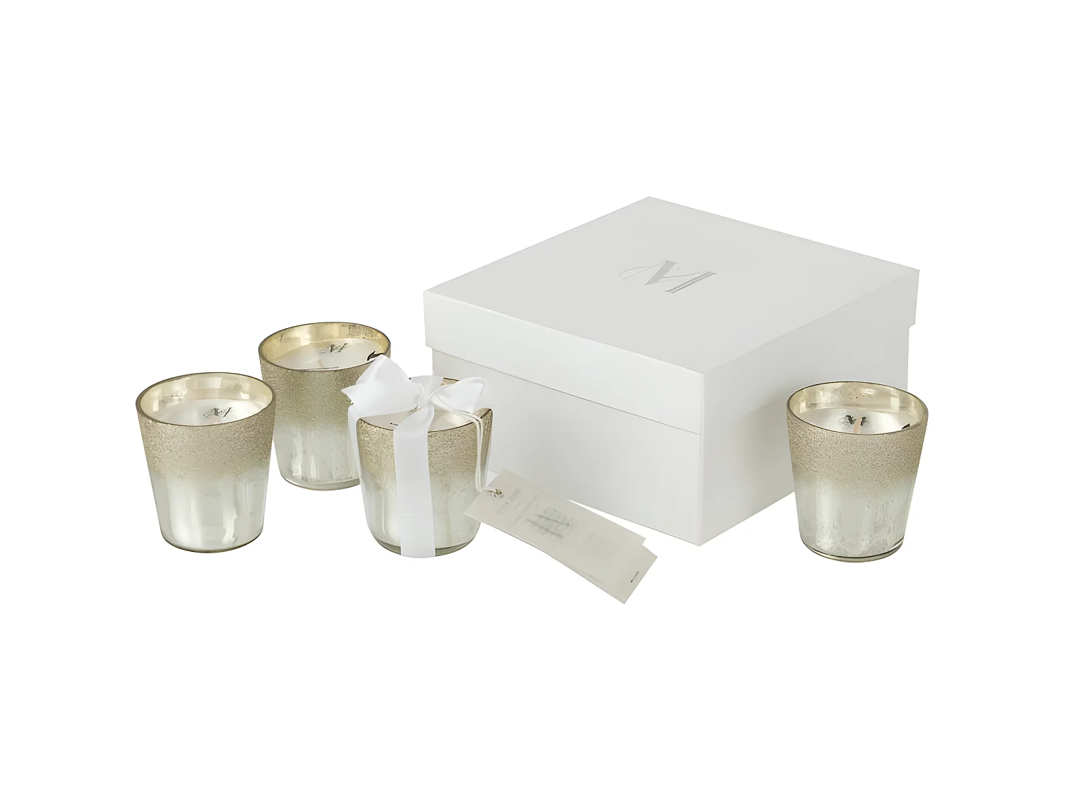 Caja de 4 velas perfumadas de vidrio plateado 7x7x7 cm