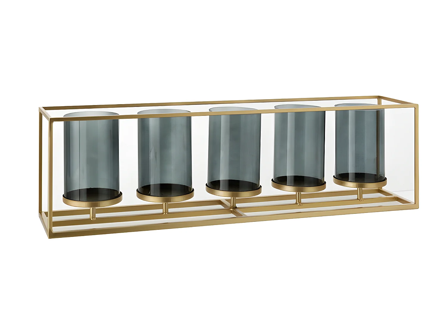 Portavelas 5 partes rectangular bajo metal/cristal oro Alt. 20 cm
