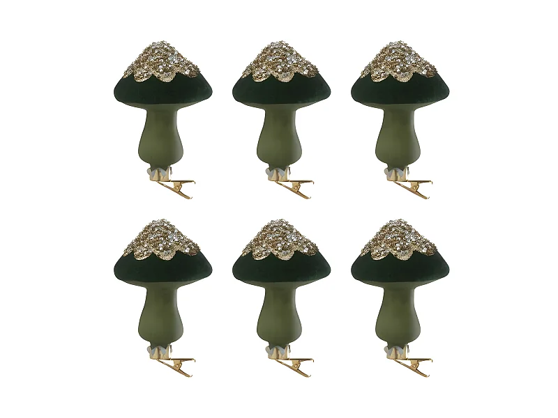 Caja de 6 bolas de Navidad en vidrio verde champán de 6x6x10 cm