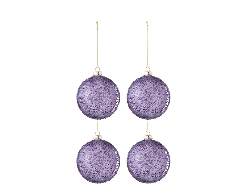 Caja de 4 bolas de Navidad de vidrio morado de 10x10x10 cm