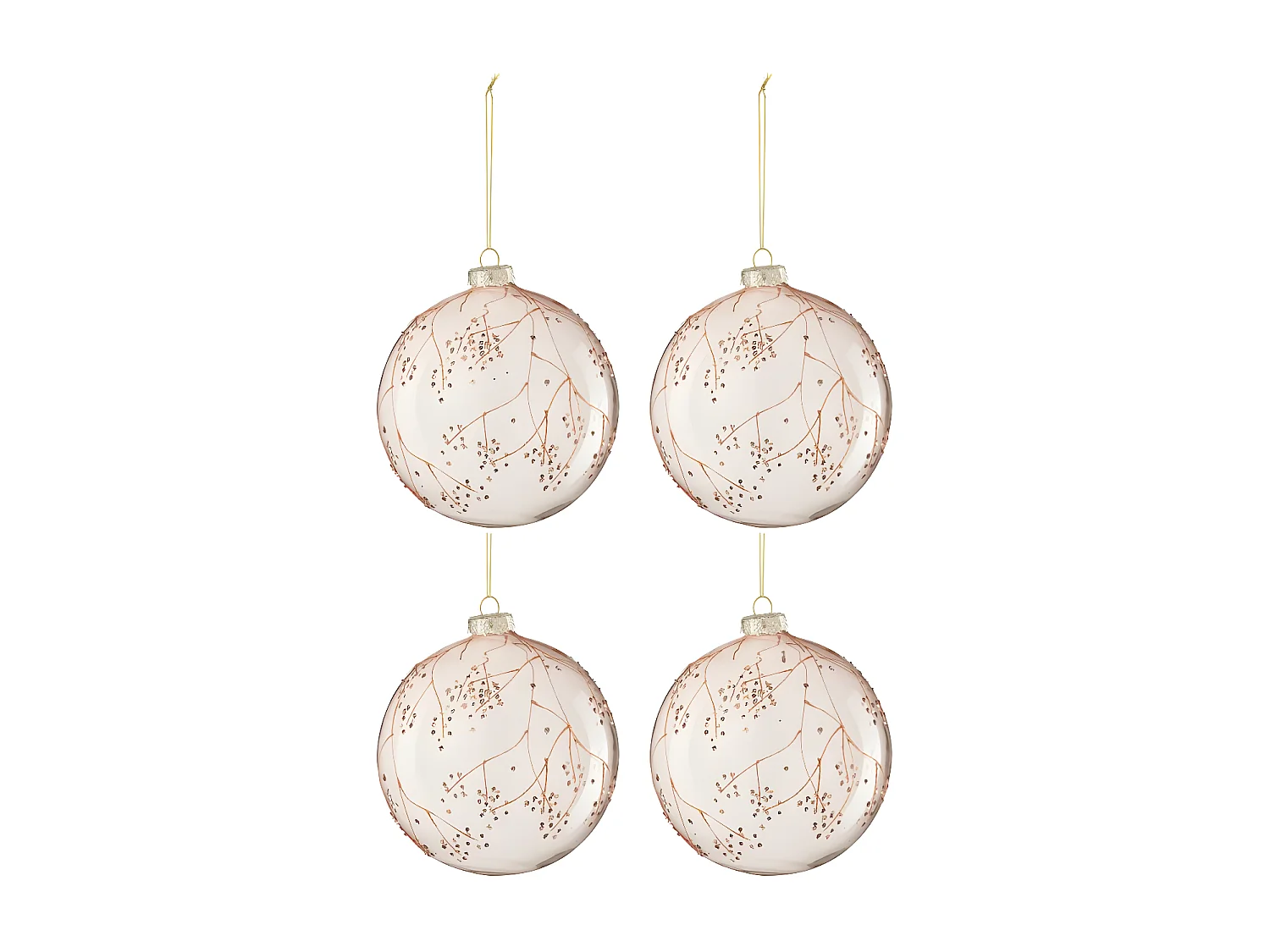 Caja de 4 bolas de Navidad de vidrio rosa de 12x12x12 cm