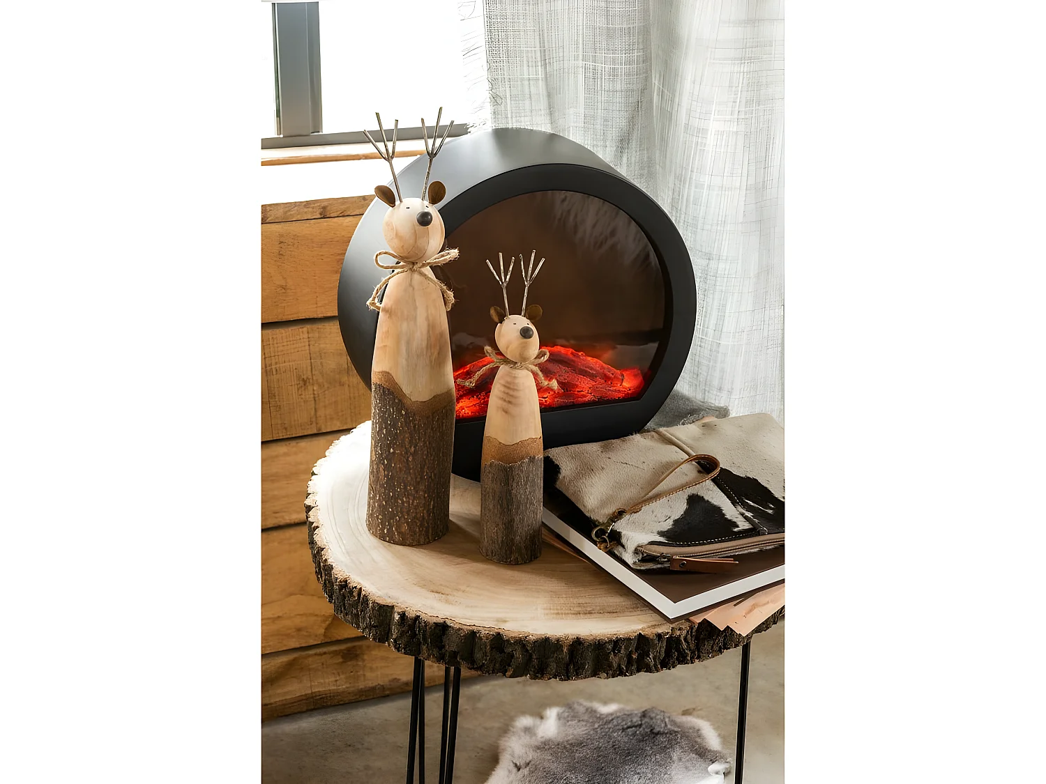 Cheminée décorative à led ronde en plastique noir 35x13x35cm