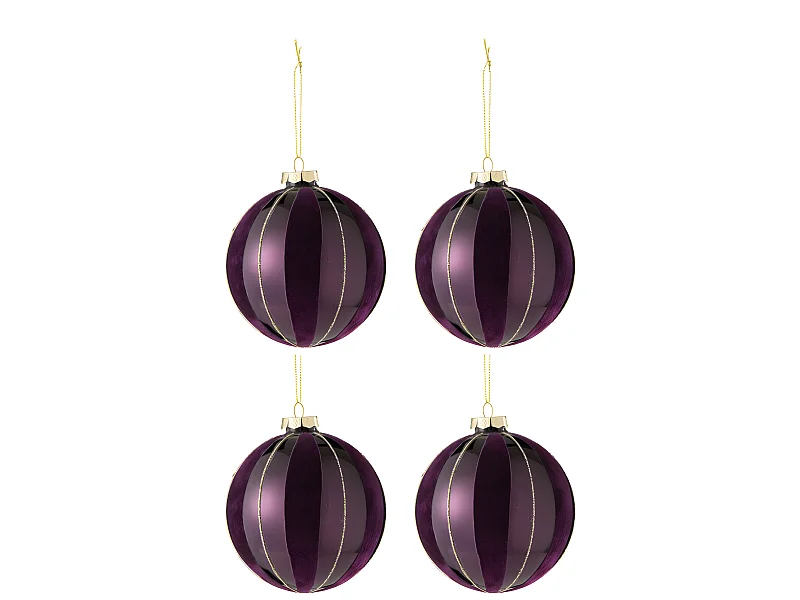 Caja de 4 bolas de Navidad de vidrio morado de 10x10x10 cm