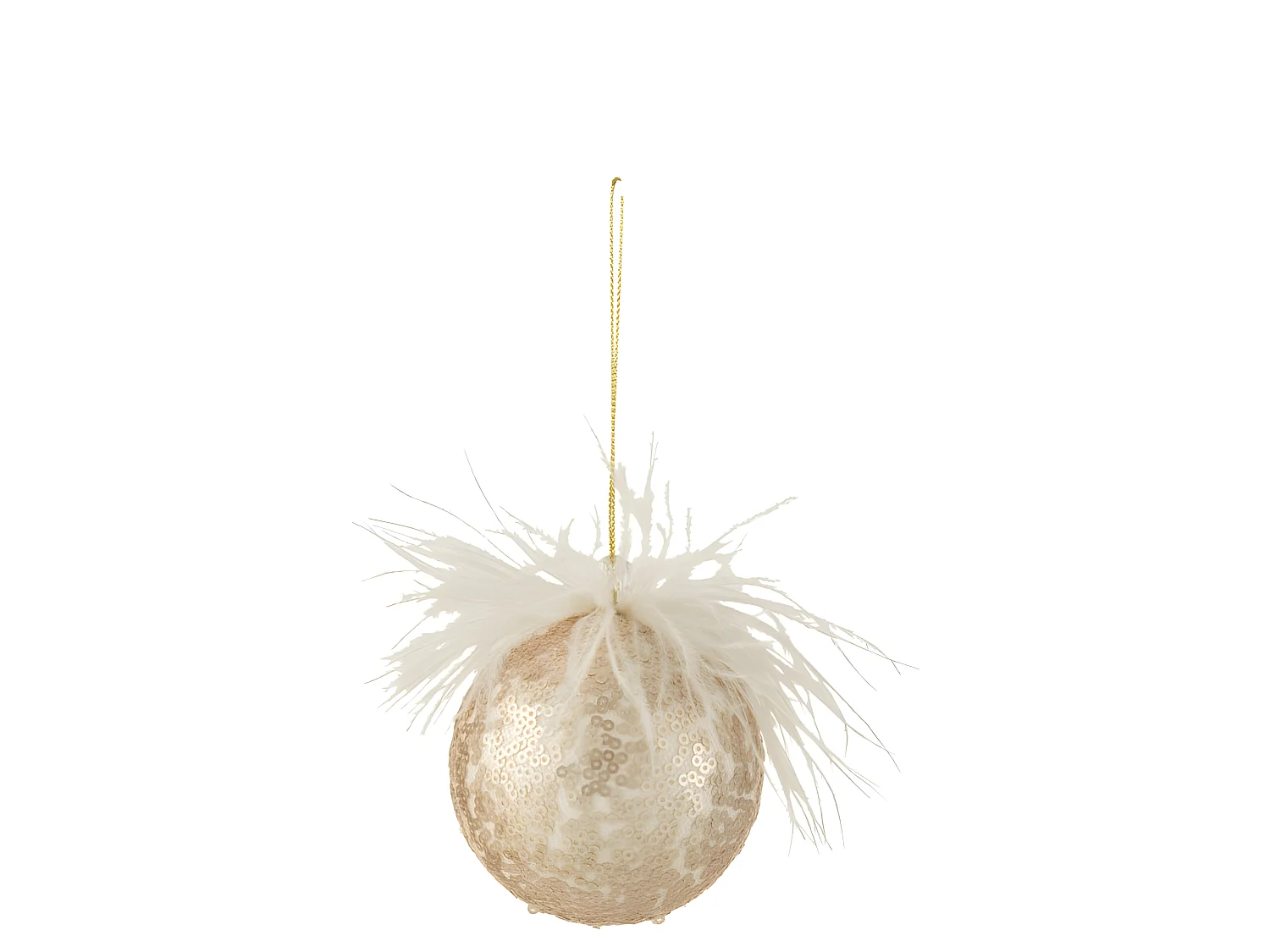 Boule de Noël avec plumes et paillettes en plastique saumon D7cm