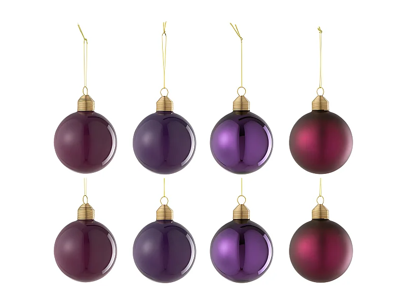 Caja de 8 bolas de Navidad de vidrio morado de 8x8x8 cm