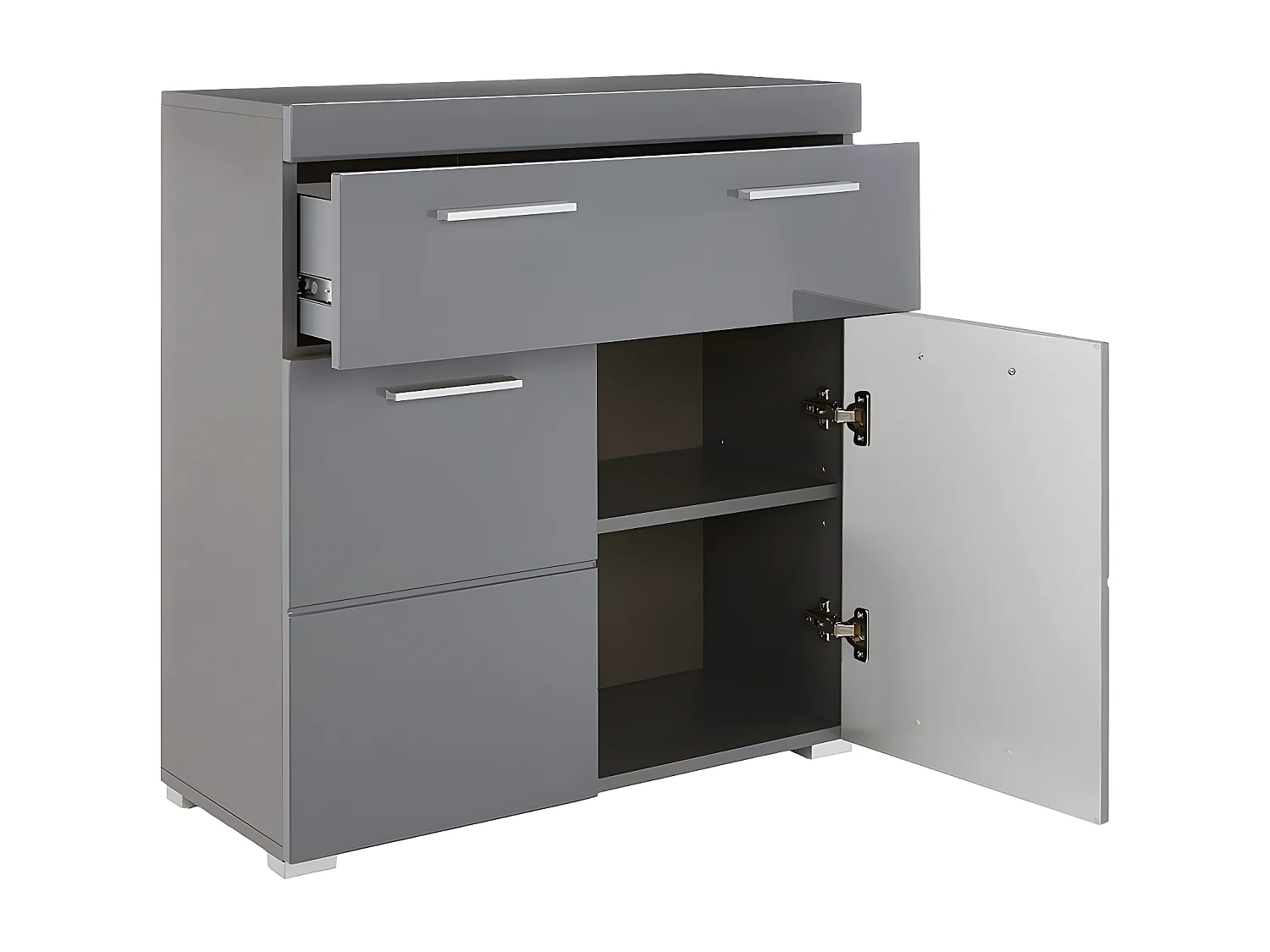 AmandaMando Armoire de rangement pour salle de bain, 2 portes, 1 tiroir, gris, gris brillant.