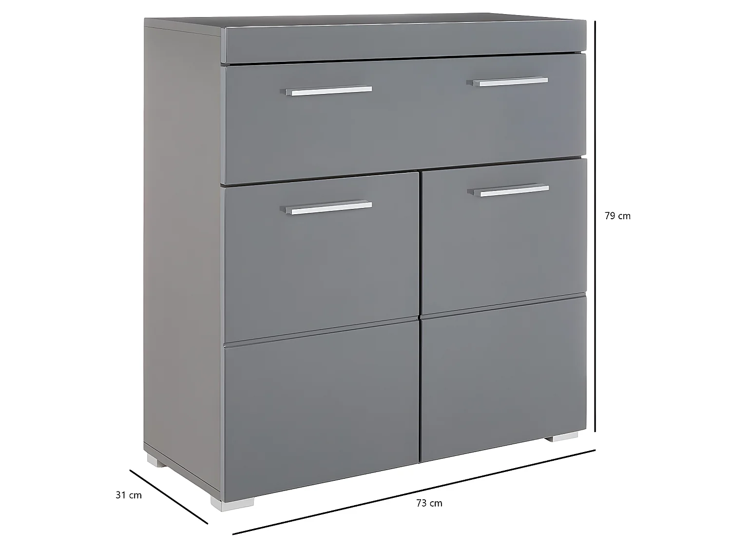 AmandaMando Armoire de rangement pour salle de bain, 2 portes, 1 tiroir, gris, gris brillant.