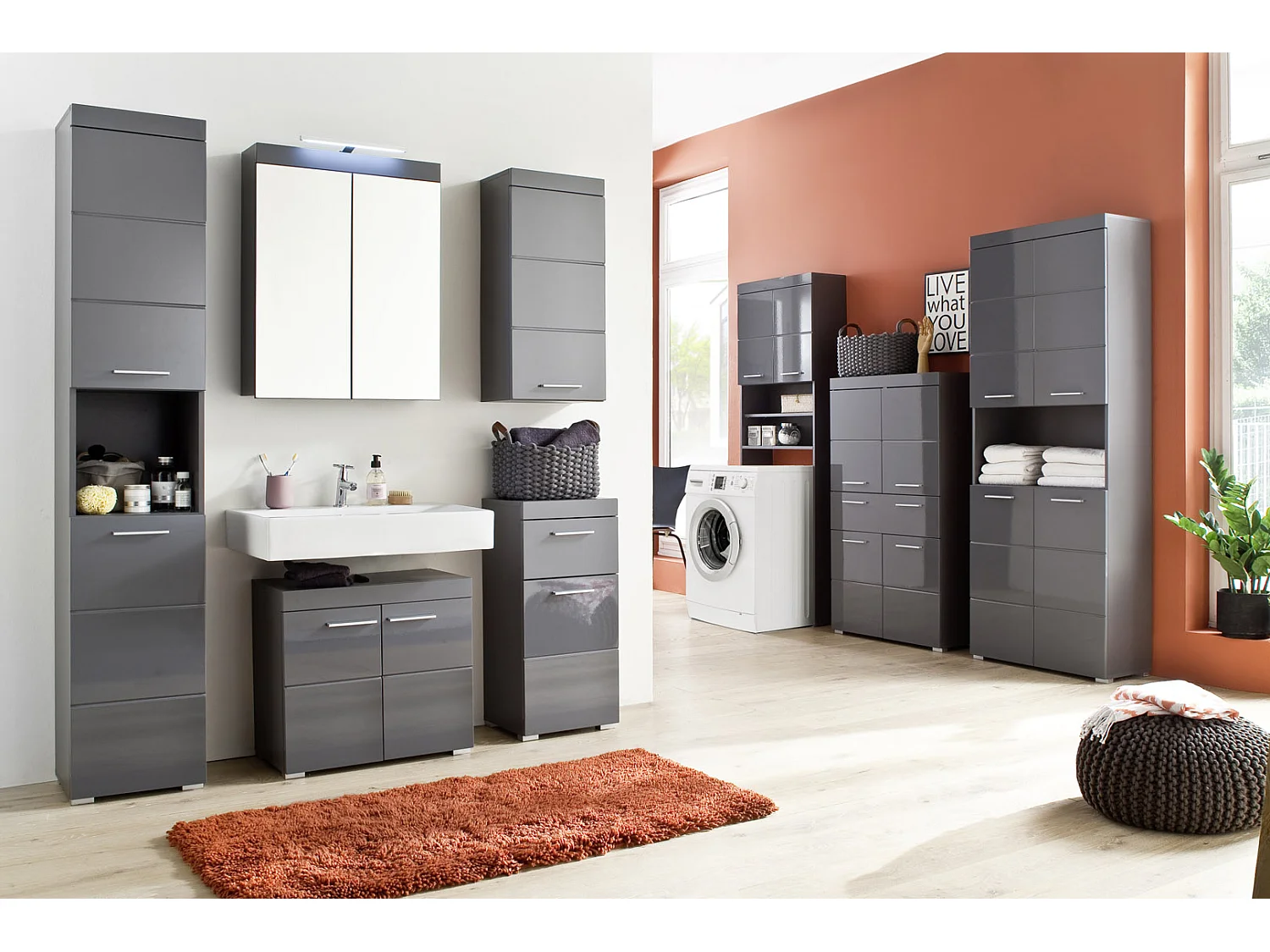 AmandaMando Armoire de rangement pour salle de bain, 2 portes, 1 tiroir, gris, gris brillant.