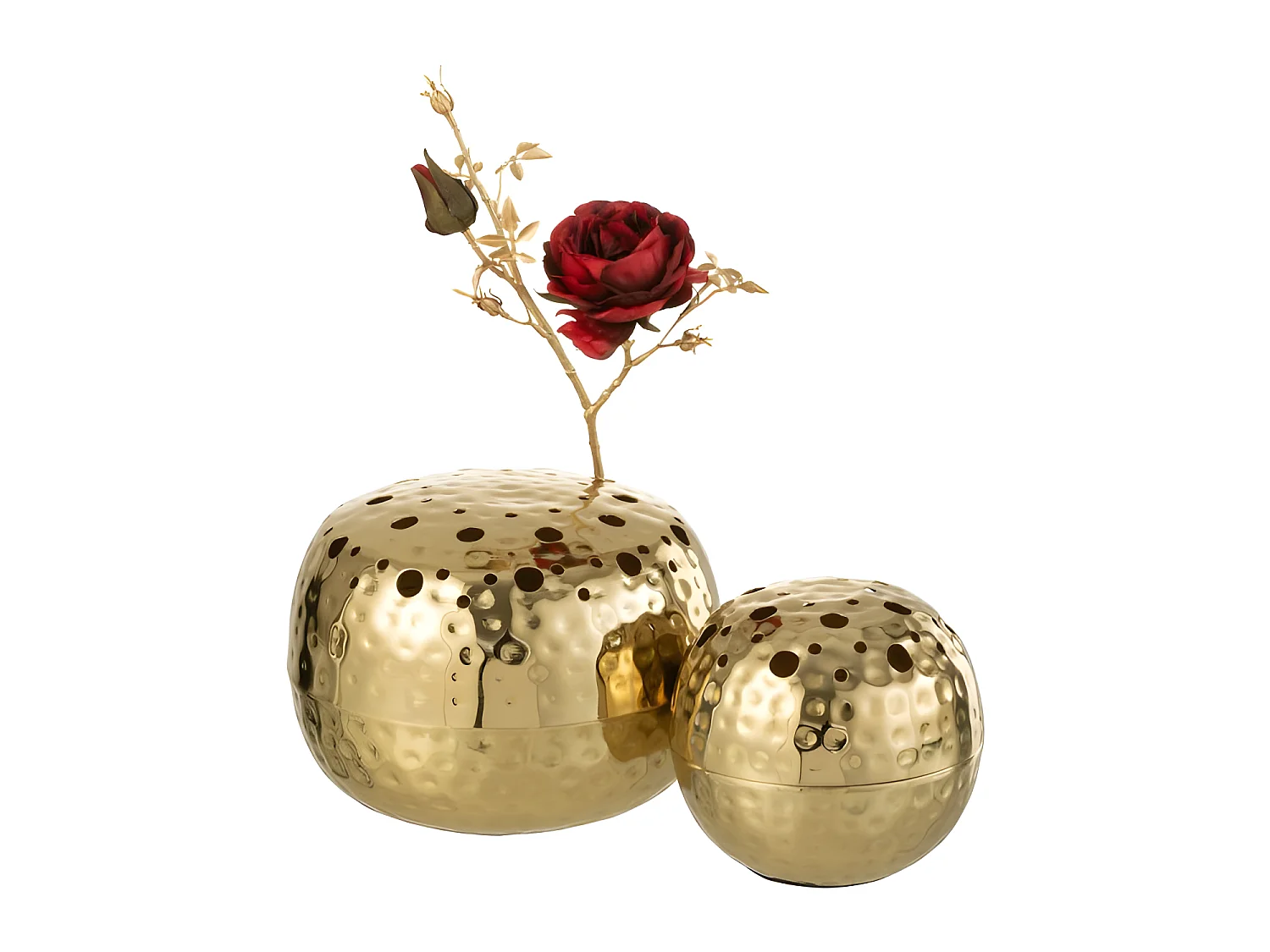 Jarrón redondo con agujeros de metal dorado 15x15x9 cm