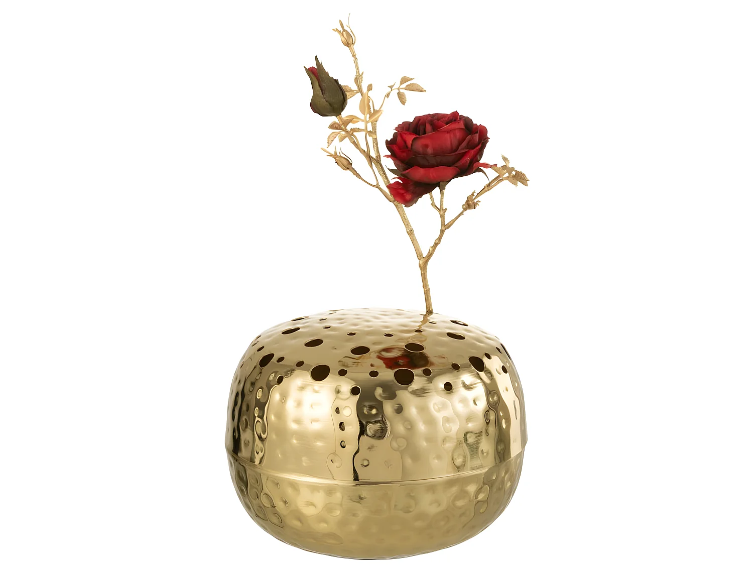 Jarrón redondo con agujeros de metal dorado 23x23x9 cm