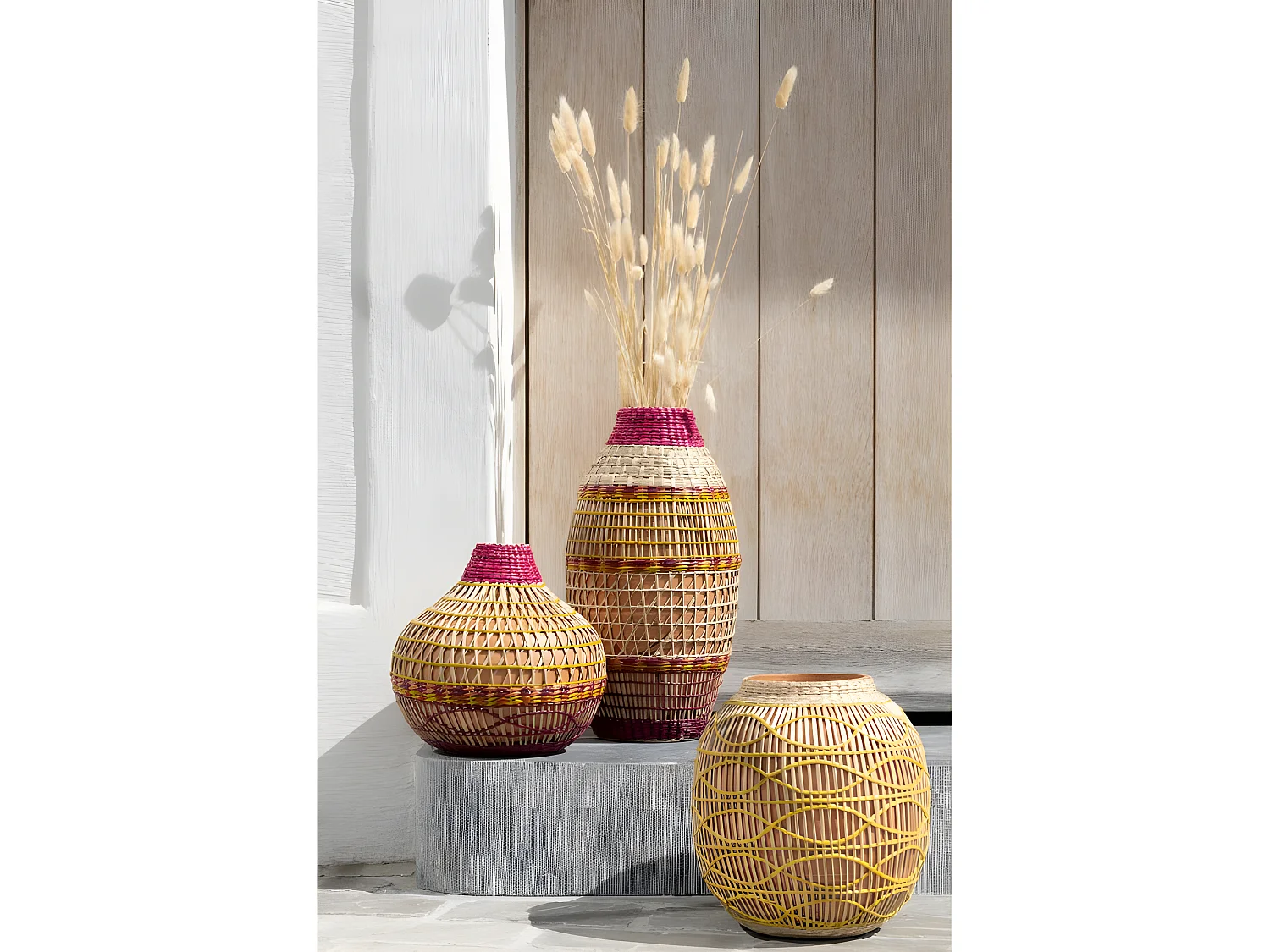 Jarrón trenzado de madera multicolor 23x23x27 cm