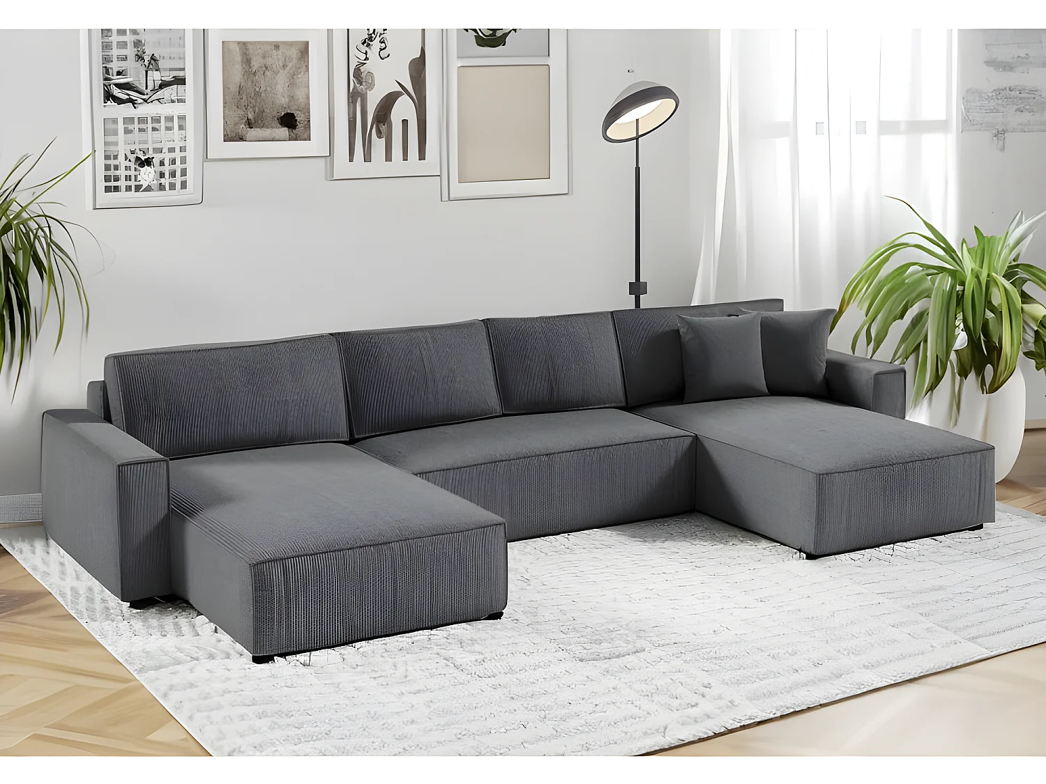 Canapé d'angle panoramique convertible VELLA en velours côtelé gris foncé