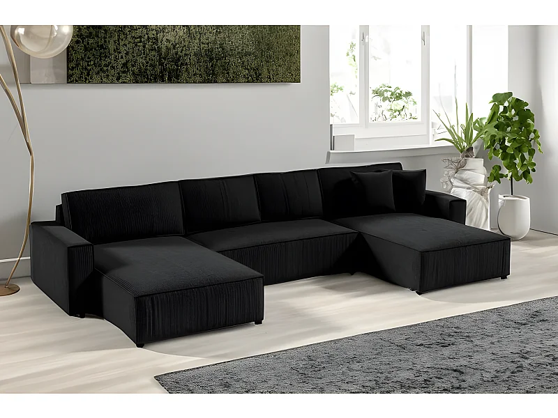 Canapé d'angle panoramique convertible VELLA en velours côtelé noir