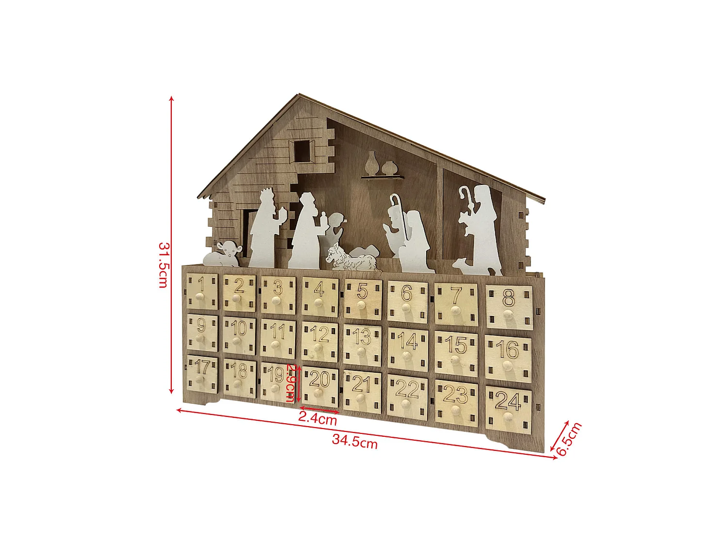 Calendrier de l'Avent avec 24 Tiroirs et Crèche en Bois Sculpté Décoration de Noël