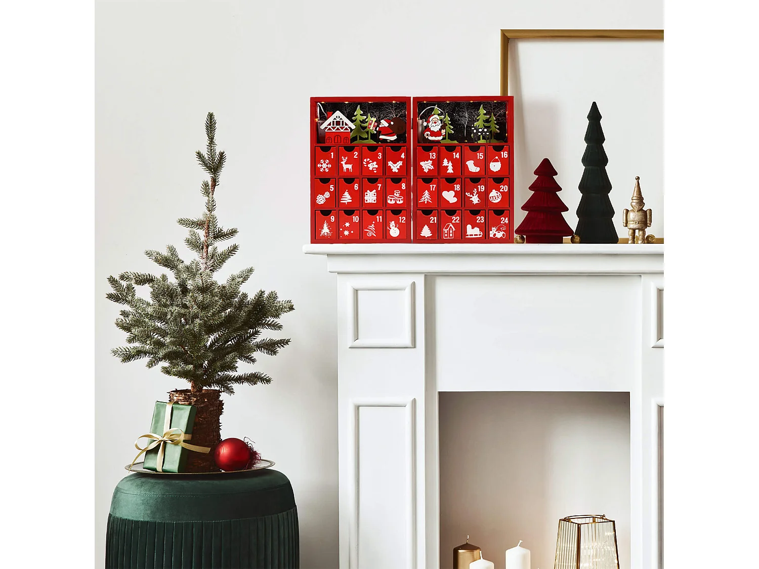 Calendrier de l'Avent à Remplir avec Tiroirs et Lumières en Bois Rouge Idées Cadeaux