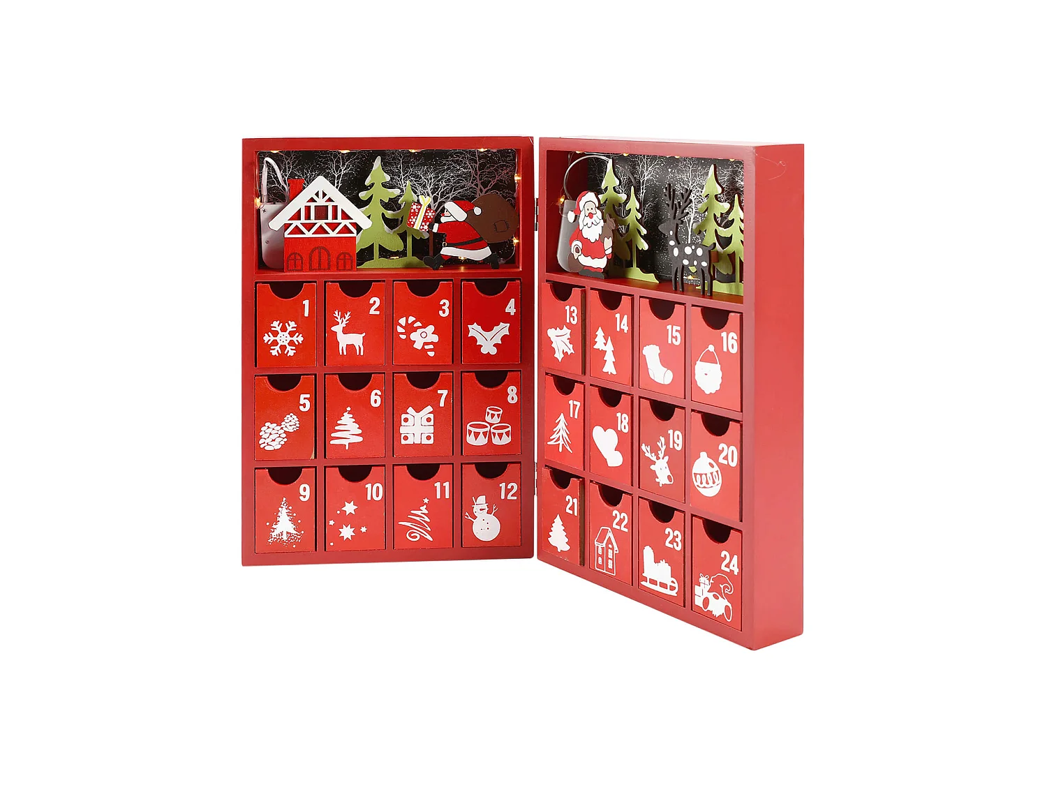 Calendrier de l'Avent à Remplir avec Tiroirs et Lumières en Bois Rouge Idées Cadeaux