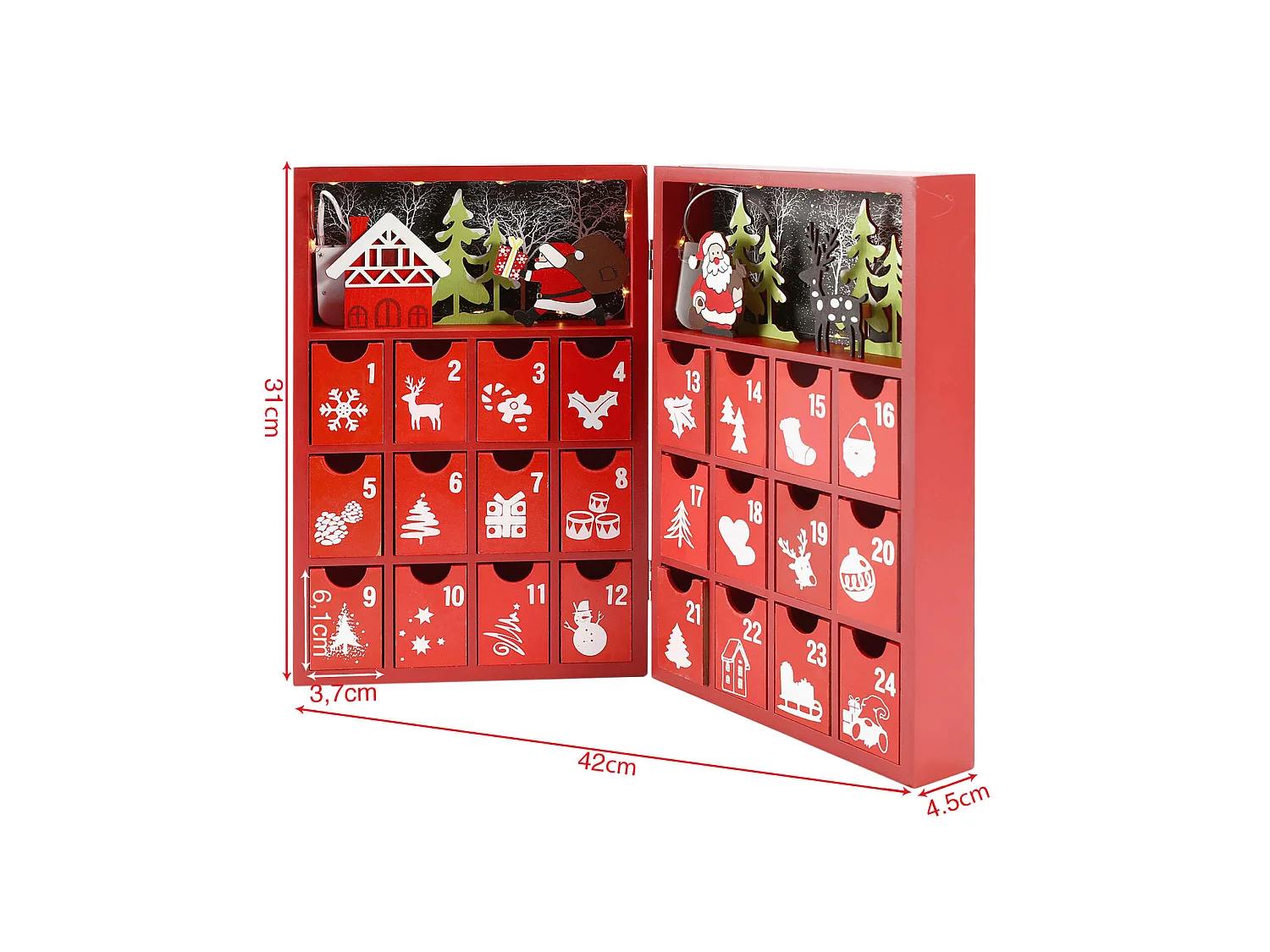 Calendrier de l'Avent à Remplir avec Tiroirs et Lumières en Bois Rouge Idées Cadeaux