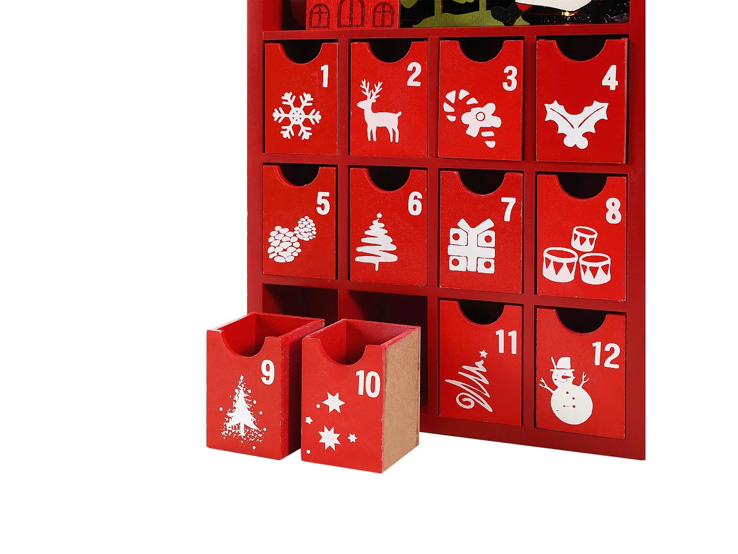 Calendrier de l'Avent à Remplir avec Tiroirs et Lumières en Bois Rouge Idées Cadeaux