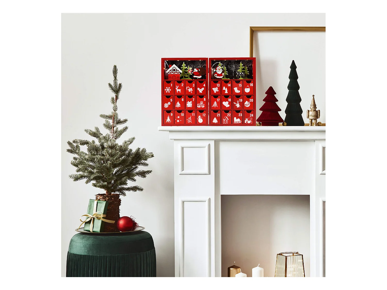 Calendrier de l'Avent à Remplir avec Tiroirs et Lumières en Bois Rouge Idées Cadeaux