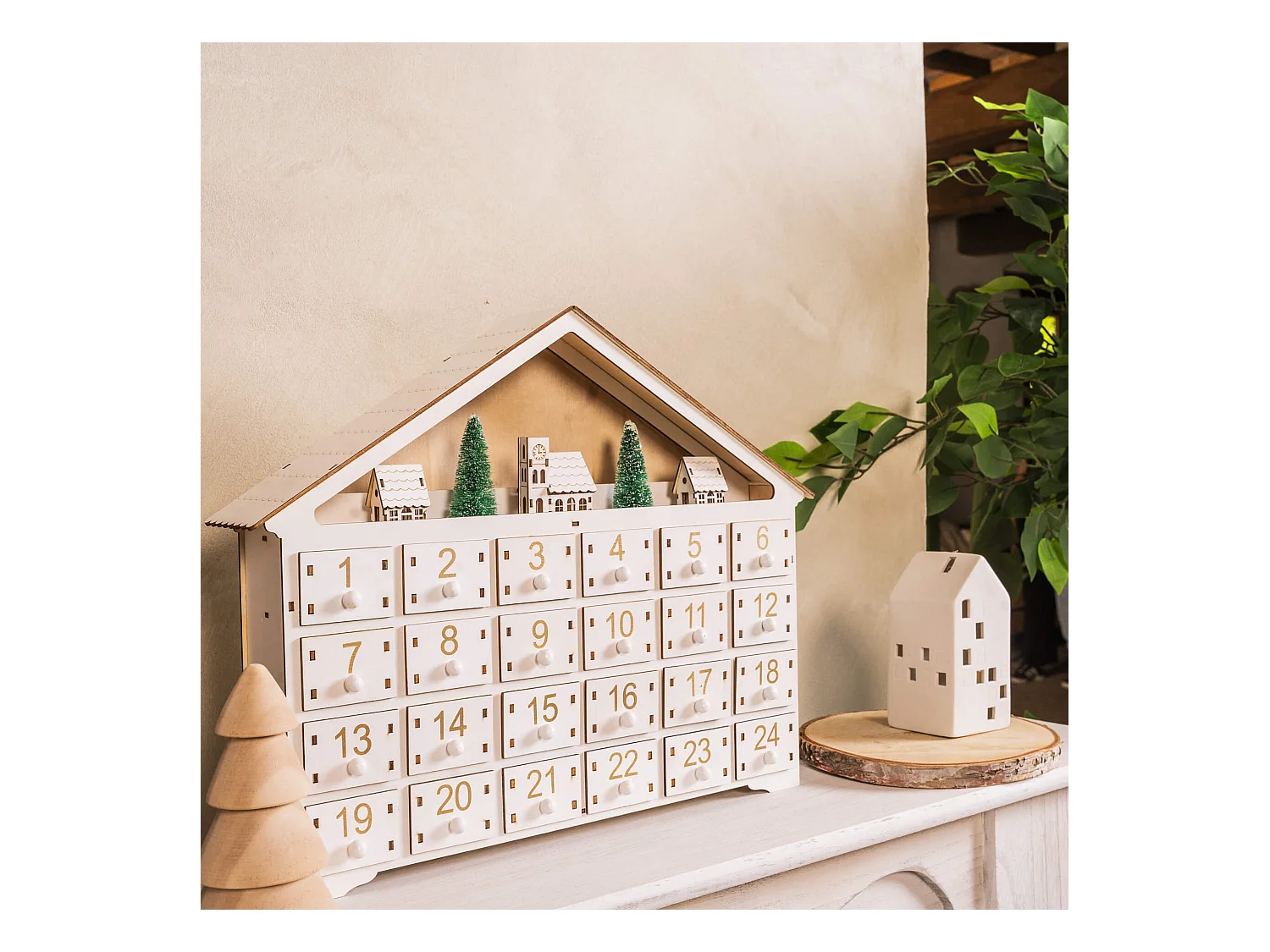 Calendrier de l'Avent en Bois Blanc avec 24 Tiroirs et Lumières Idées Cadeaux