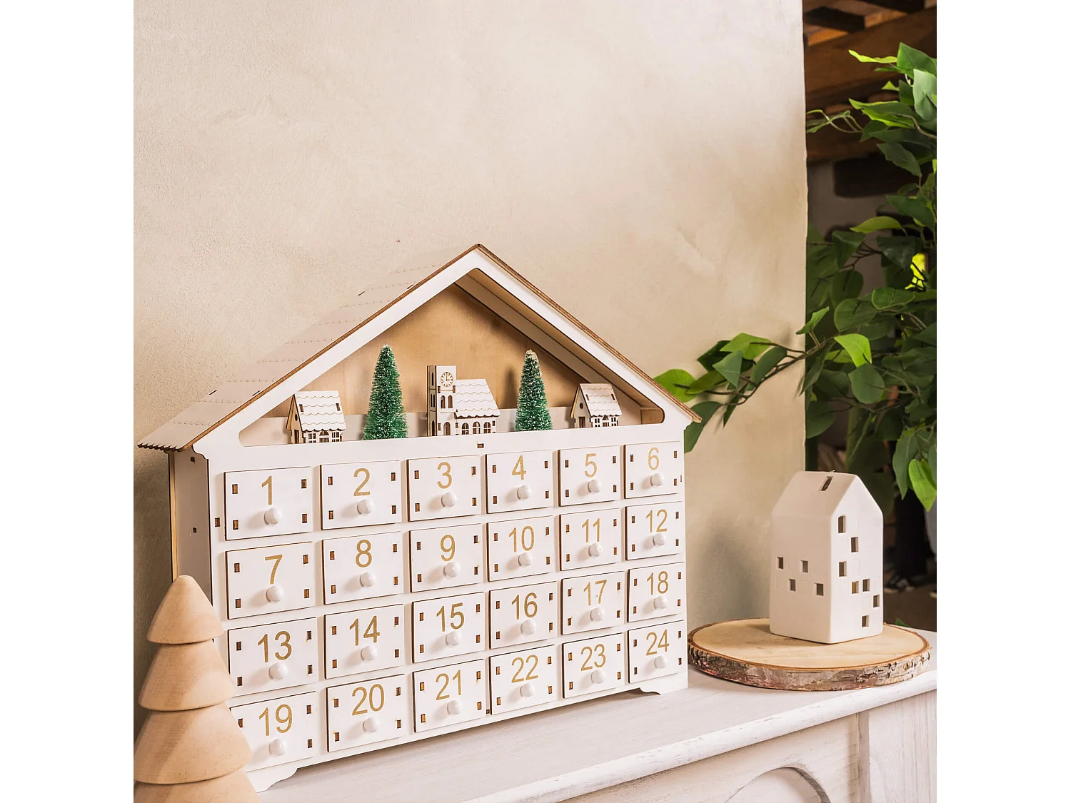Calendario Avvento in Legno Bianco con 24 Cassetti e Luci Idee Regalo