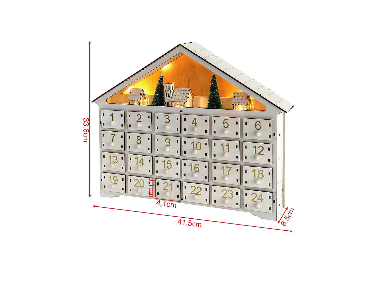Calendario Avvento in Legno Bianco con 24 Cassetti e Luci Idee Regalo