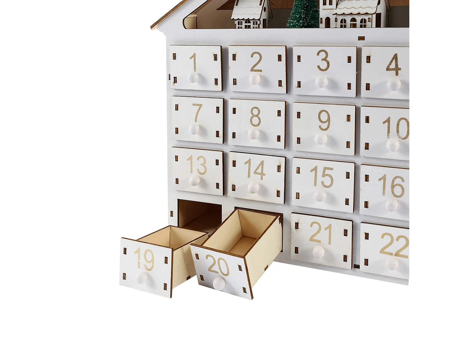 Calendario Avvento in Legno Bianco con 24 Cassetti e Luci Idee Regalo