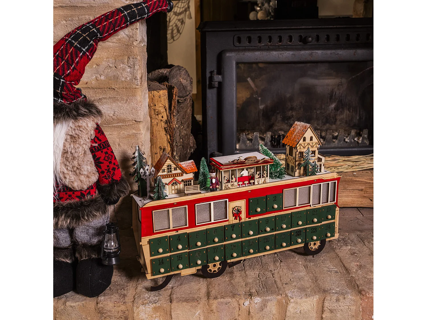 Calendrier de l'Avent en Forme de Train en Bois avec 24 Tiroirs et Lumières Idée de Cadeau