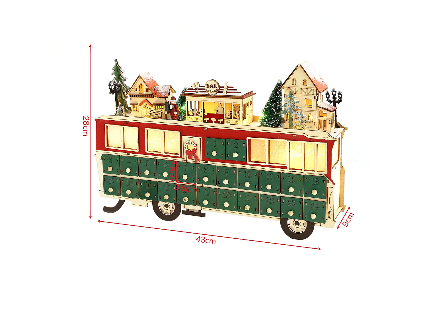 Calendrier de l'Avent en Forme de Train en Bois avec 24 Tiroirs et Lumières Idée de Cadeau