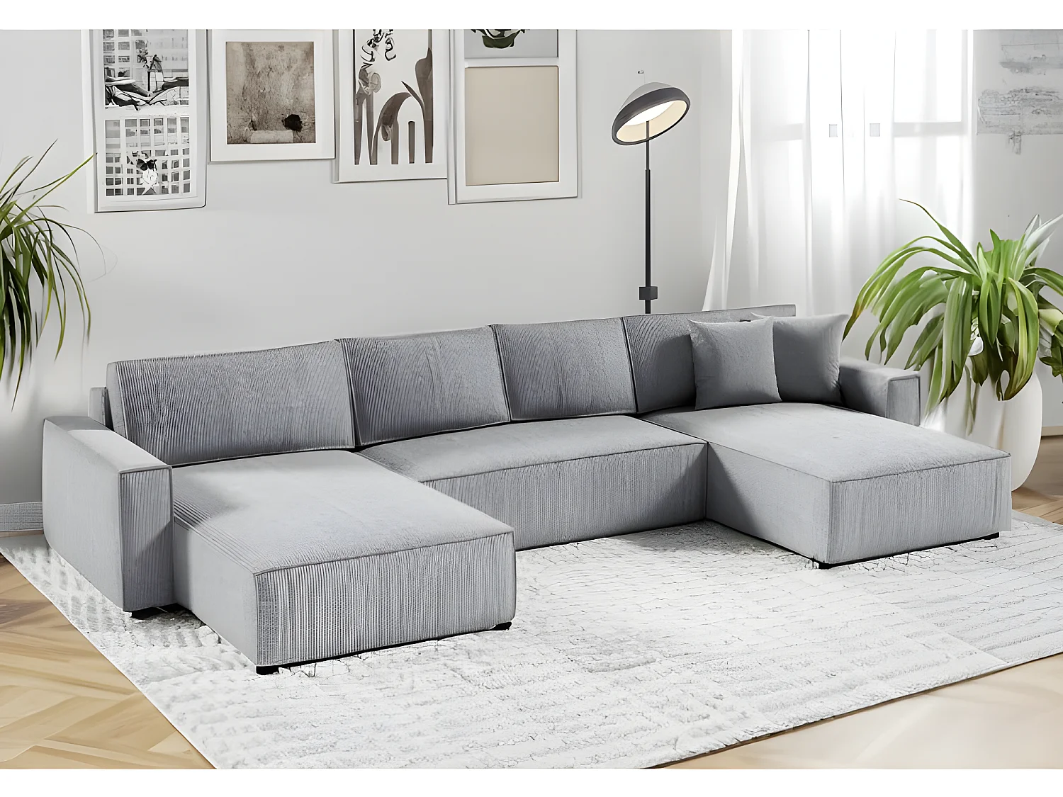 Canapé d'angle panoramique convertible VELLA en velours côtelé gris clair