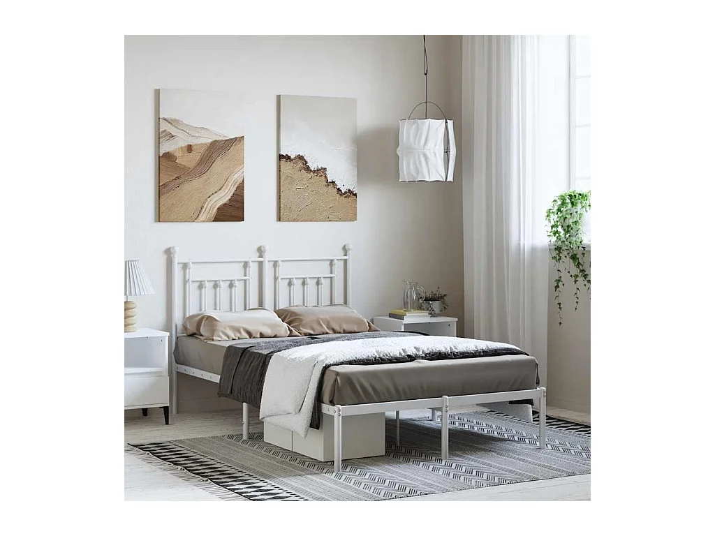 Cadre de lit métal sans matelas et tête de lit blanc 135x190 cm