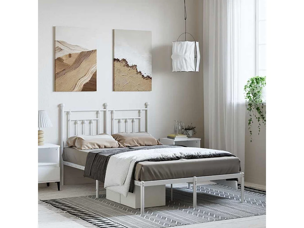 Cadre de lit métal sans matelas et tête de lit blanc 135x190 cm