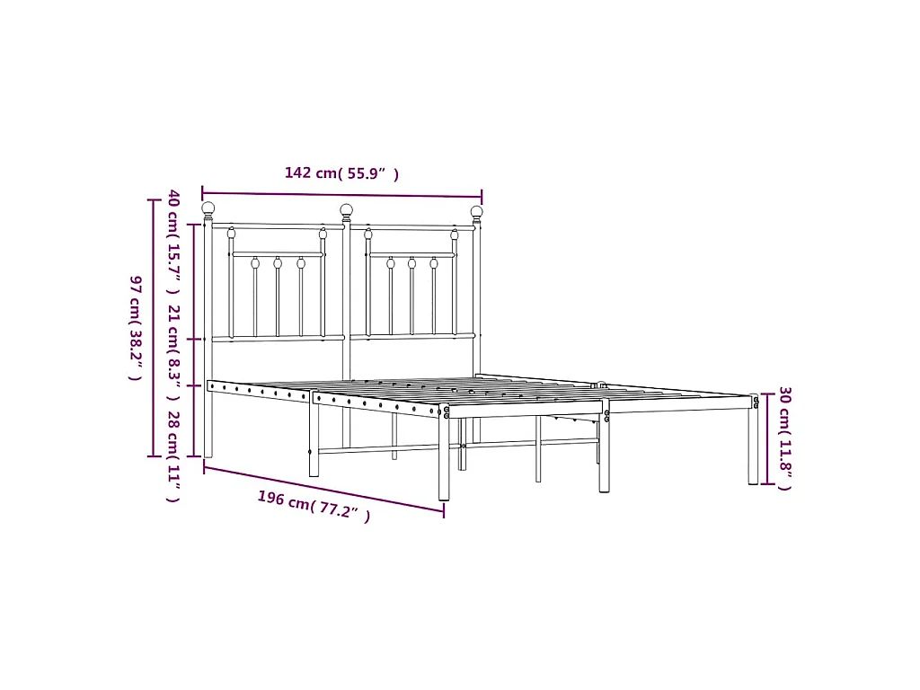 Cadre de lit métal sans matelas et tête de lit blanc 135x190 cm