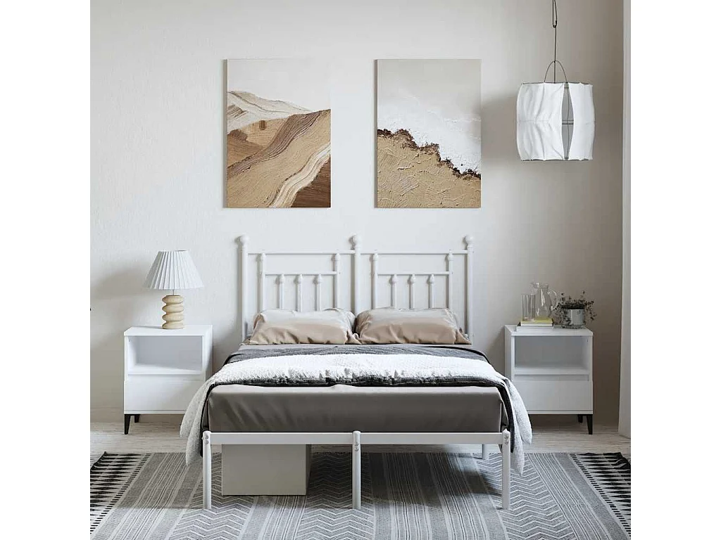 Cadre de lit métal sans matelas et tête de lit blanc 135x190 cm
